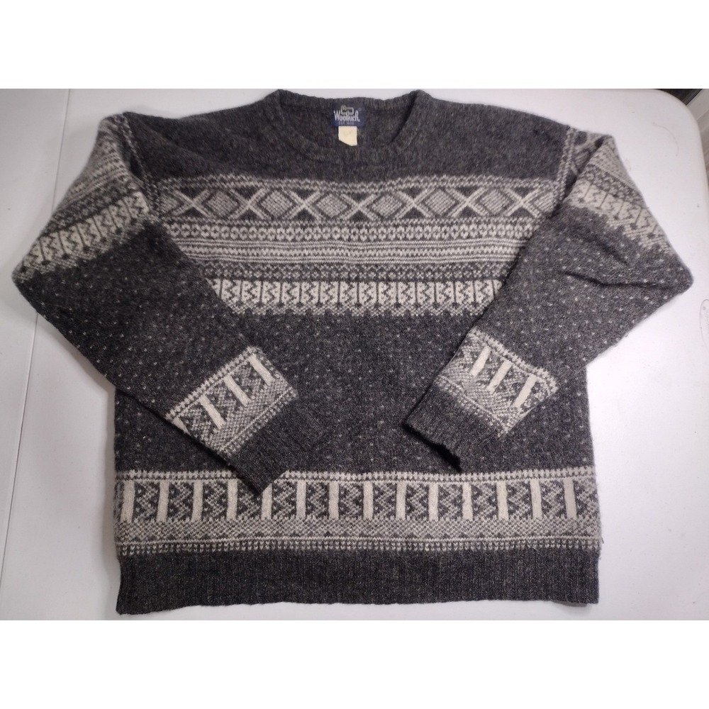 Woolrich Mens XL Vintage Fair Isle Wool Crewneck Sweater Gray Geometric USA Made